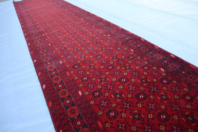 12 Ft Antique Runner Rug, Afghan Handmade Wool Bukhara Tribal Turkmen Vintage Bashiry Hallway Runner, Kitchen - image 1