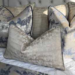 Luxury Piped Cushion Cover , Neoma Wheat Taupe Gold Throw Pillow Euro Sham - Tessere Midnight Navy Blue Golden Piping, All Sizes - thumbnail 1