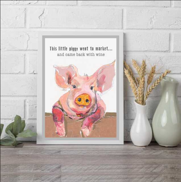 Funny Pig With Wine Art Print - Farmhouse Kitchen Decor - 8x10 - image 1