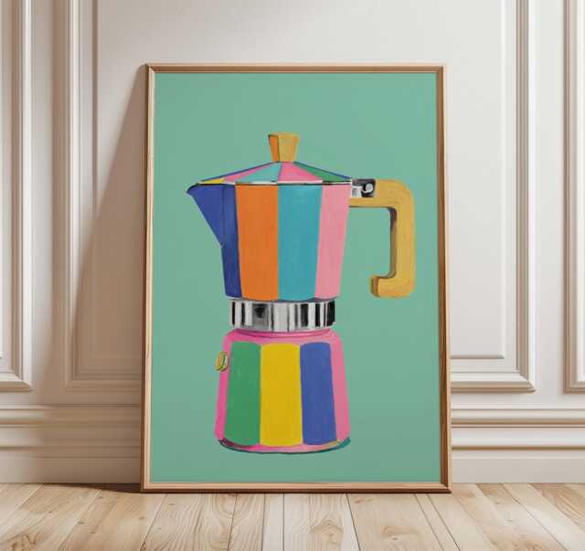 Colorful Moka Pot Poster, Modern Coffee Maker Wall Art, Retro Espresso Print, Bold Mid Century Kitchen Decor - image 1