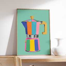 Colorful Moka Pot Poster, Modern Coffee Maker Wall Art, Retro Espresso Print, Bold Mid Century Kitchen Decor - thumbnail 2