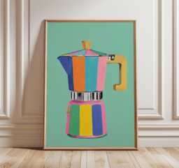 Colorful Moka Pot Poster, Modern Coffee Maker Wall Art, Retro Espresso Print, Bold Mid Century Kitchen Decor - thumbnail 1