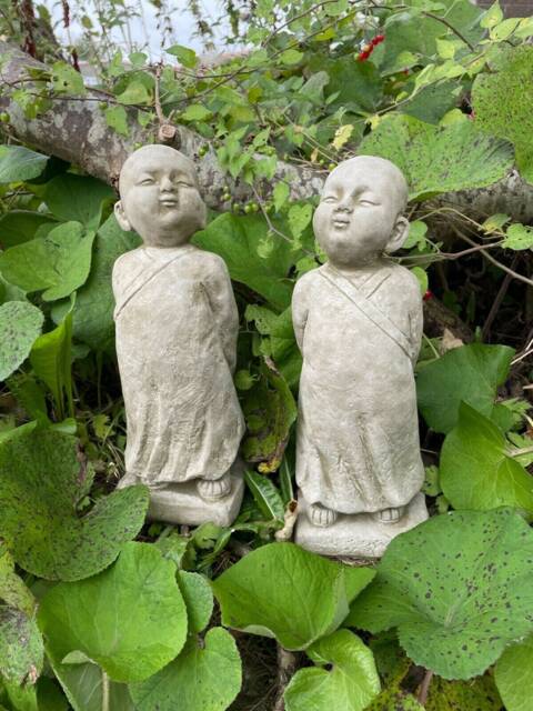 Pair Of Standing Monks Stone Statue - Oriental Buddha Outdoor Garden Ornament - image 1