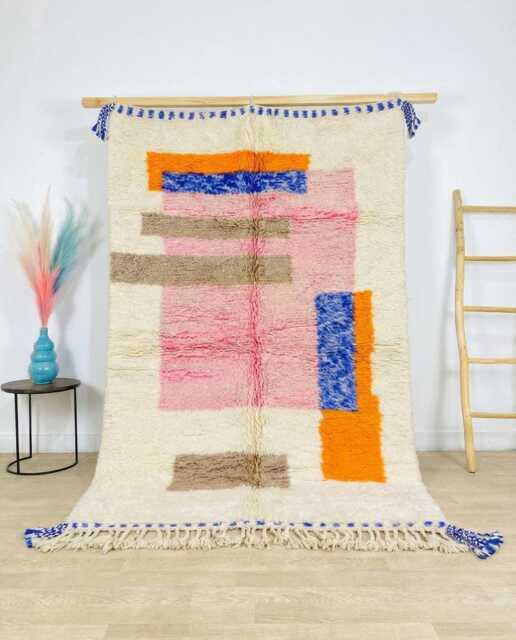 Handwoven Moroccan Berber Rug, Wool Shag Rug With Blue Pink Geometric Shapes, Authentic Beni Ourain Style Carpet, Large 9x12 Area - image 1