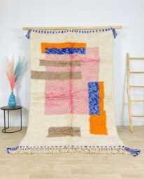 Handwoven Moroccan Berber Rug, Wool Shag Rug With Blue Pink Geometric Shapes, Authentic Beni Ourain Style Carpet, Large 9x12 Area - thumbnail 1