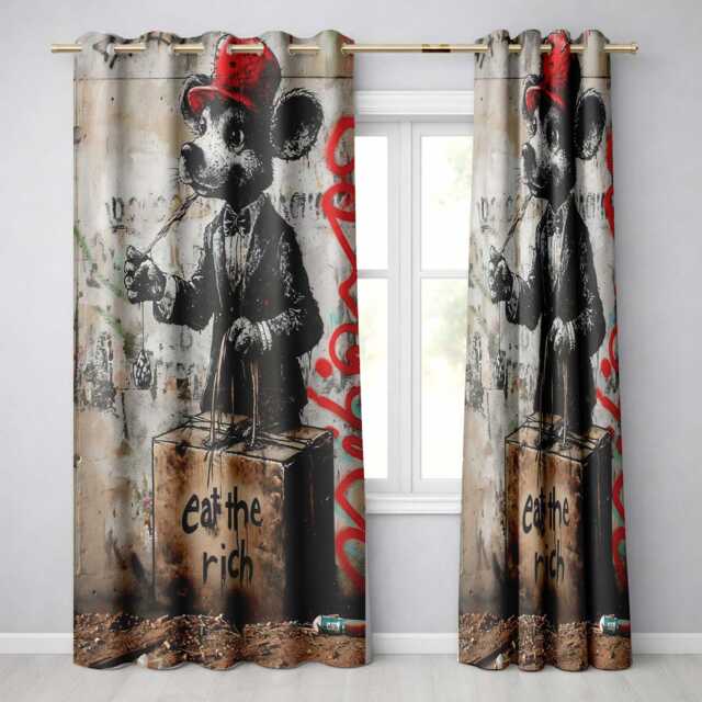 Dapper Cartoon Mouse Red Cap Satirical Street Art Distinctive Wall Home Decor Readymade Eyelet Ring Top Thermal 100% Blackout Curtains - image 1
