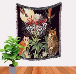 Botanical Floral Owls & Hummingbirds Cotton Woven Throw Blanket Tapestry Rug, Bed Cover, Spread, Picnic Blanket, Home Decoration