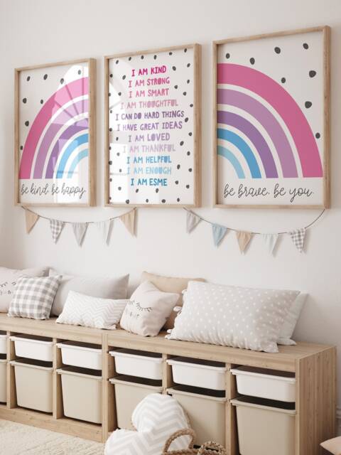 Set Of 3 Rainbow Prints, Girls Bedroom Pink & Purple Decor, Wall Art, Playroom Affirmations, You Are Loved - image 1