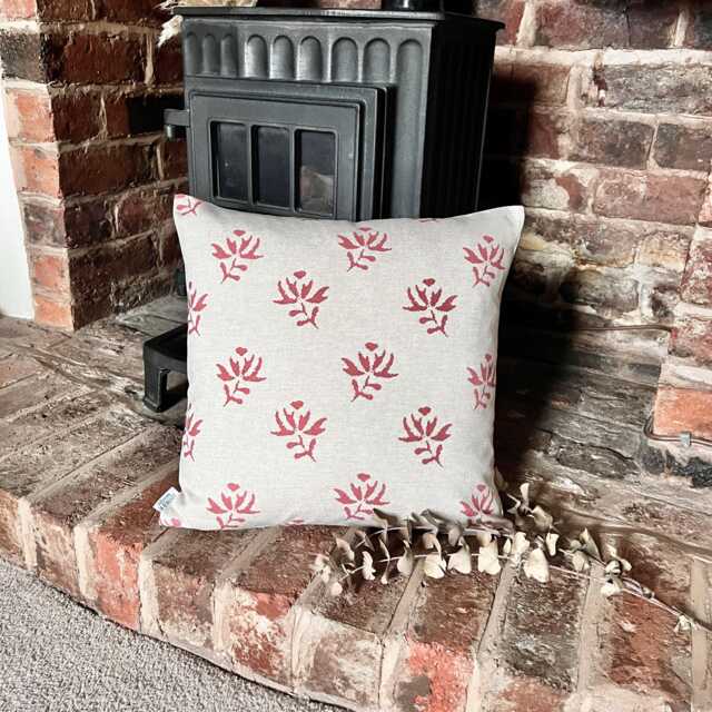 1631. Saskia Soft Red Block Print Linen Look 100% Cotton Cushion Cover - image 1