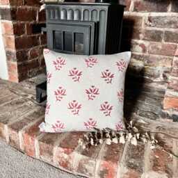 1631. Saskia Soft Red Block Print Linen Look 100% Cotton Cushion Cover - thumbnail 1