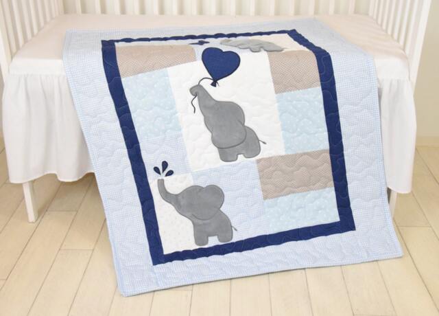 Baby Boy Quilt, Elephant Blanket, Blue Gray Navy Crib Bedding, Safari Nursery - image 1