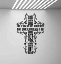 For God So Loved The World Wall Decal John 3 16 Art Cross Religious Quote Sign Poster Mural Prayer Gift Vinyl Sticker Decor Print G989 - thumbnail 1