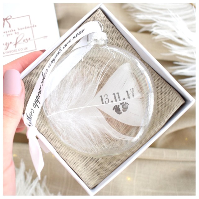 Real Personalised White Feather Memorial Bauble. Gift Boxed Name/Date Stamped. Glass Round Bauble Sympathy Keepsake Memento - image 1