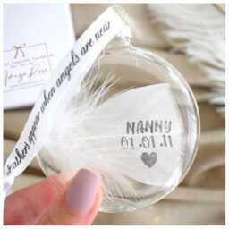 Real Personalised White Feather Memorial Bauble. Gift Boxed Name/Date Stamped. Glass Round Bauble Sympathy Keepsake Memento - thumbnail 2