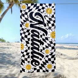 Personalized Daisy Grid Name Beach Towel, Custom Monogram Pool Signature Towel For Kids, Vacation Gift, Picnic - thumbnail 2
