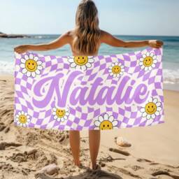 Personalized Daisy Grid Name Beach Towel, Custom Monogram Pool Signature Towel For Kids, Vacation Gift, Picnic - thumbnail 1