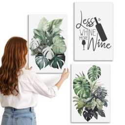 Canvas Set Of 3 - Plant Leaves in Shades Green With The Text About Wine, Print On Canvas, Plants & Flowers Wall Decor - thumbnail 1