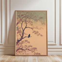 Owl On Pine Branch Art Print, Moonlit Forest Wall Decor, Japanese Woodblock Style, Zen Night Nature Poster, Celestial Unframed - thumbnail 1