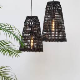 Black Bamboo Pendant Light - Handmade Wooden Shade Lamp Repurposed Hanging Basket Cone Flared - thumbnail 2