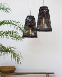 Black Bamboo Pendant Light - Handmade Wooden Shade Lamp Repurposed Hanging Basket Cone Flared