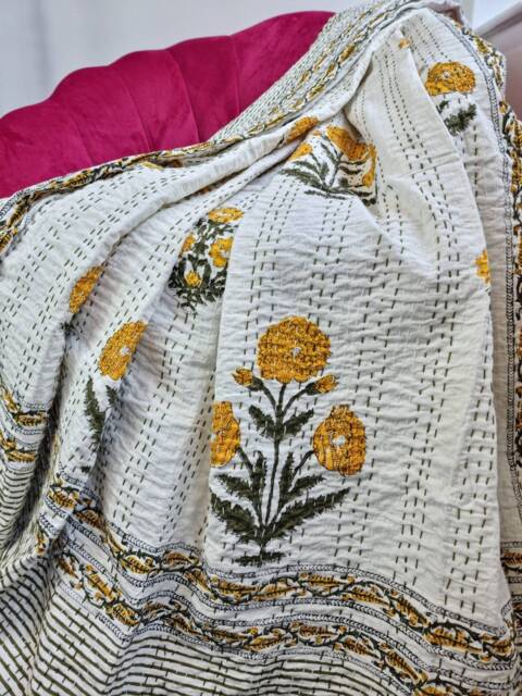 Kantha Stitch Pure Cotton Reversible Bed/Sofa Throw King Size - Handmade Handprinted Floral Dohar White Yellow Green Marigold Garden Stripe - image 1