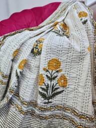 Kantha Stitch Pure Cotton Reversible Bed/Sofa Throw King Size - Handmade Handprinted Floral Dohar White Yellow Green Marigold Garden Stripe - thumbnail 1