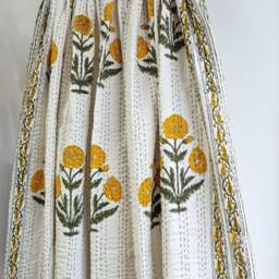 Kantha Stitch Pure Cotton Reversible Bed/Sofa Throw King Size - Handmade Handprinted Floral Dohar White Yellow Green Marigold Garden Stripe - thumbnail 2