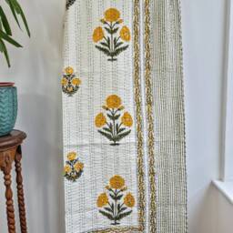 Kantha Stitch Pure Cotton Reversible Bed/Sofa Throw King Size - Handmade Handprinted Floral Dohar White Yellow Green Marigold Garden Stripe - thumbnail 3