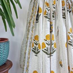 Kantha Stitch Pure Cotton Reversible Bed/Sofa Throw King Size - Handmade Handprinted Floral Dohar White Yellow Green Marigold Garden Stripe - thumbnail 4