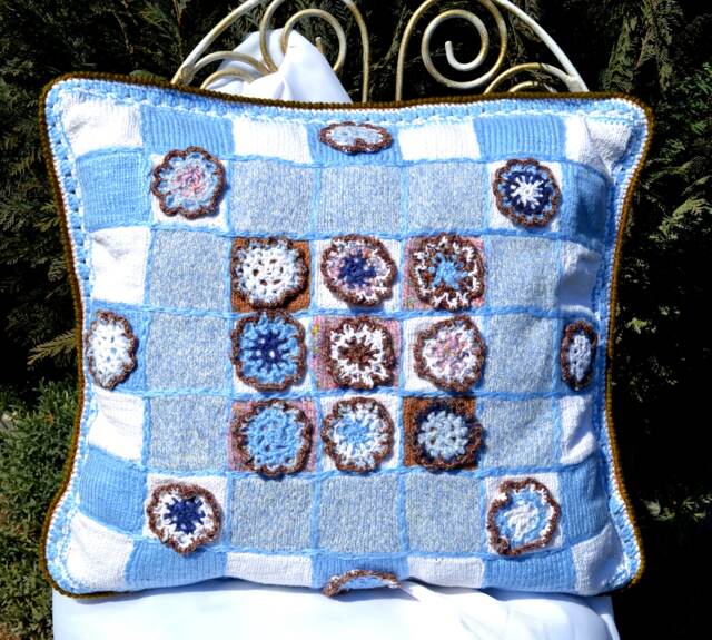 Crochet Patchwork Plaid Pillow Cover Blue Accent Embroidered Cushion - 20x20 In - image 1