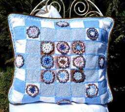 Crochet Patchwork Plaid Pillow Cover Blue Accent Embroidered Cushion - 20x20 In - thumbnail 1