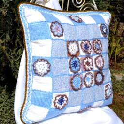 Crochet Patchwork Plaid Pillow Cover Blue Accent Embroidered Cushion - 20x20 In - thumbnail 3