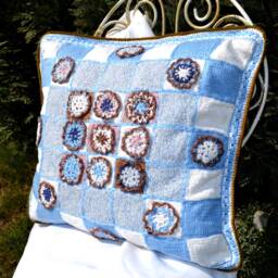 Crochet Patchwork Plaid Pillow Cover Blue Accent Embroidered Cushion - 20x20 In - thumbnail 2