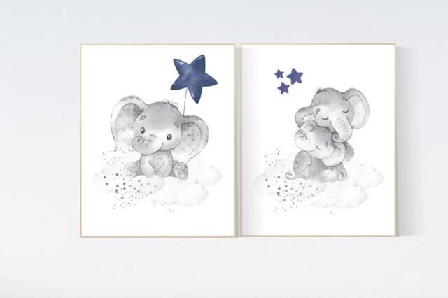 Elephant Nursery Art Print Cloud & Stars Decor - image 1