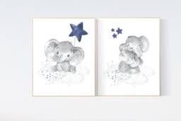 Elephant Nursery Art Print Cloud & Stars Decor - thumbnail 1