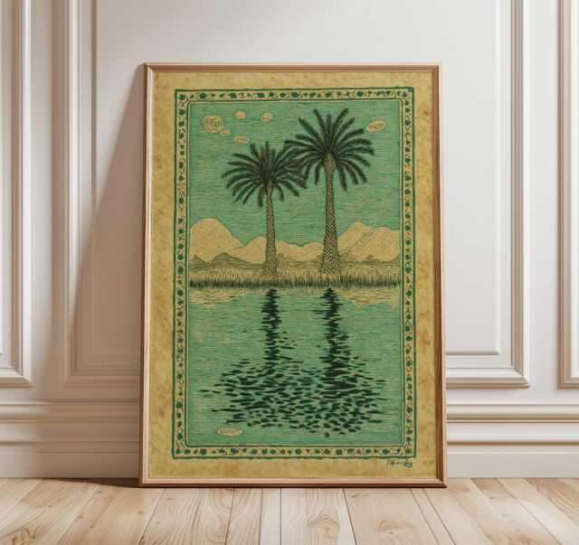 Oasis Palm Landscape Poster, Vintage Style Art Print, Tropical Botanical Wall - image 1