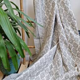 Kantha Stitch Pure Cotton Reversible Bed/Sofa Throw King Size - Handmade Handprinted Floral Dohar Elegant White Grey Tribal Motif Stripe - thumbnail 3