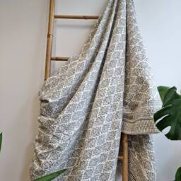 Kantha Stitch Pure Cotton Reversible Bed/Sofa Throw King Size - Handmade Handprinted Floral Dohar Elegant White Grey Tribal Motif Stripe - thumbnail 2