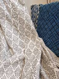 Kantha Stitch Pure Cotton Reversible Bed/Sofa Throw King Size - Handmade Handprinted Floral Dohar Elegant White Grey Tribal Motif Stripe - thumbnail 1