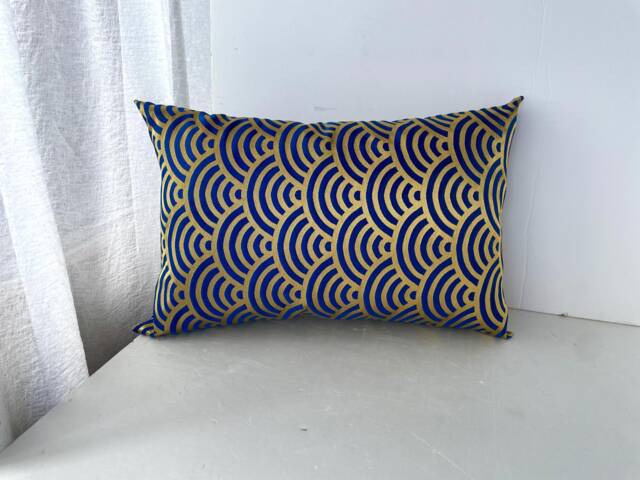 Blue & Golden Japanese Waves Decor Pillow Cover, Brocade Case, Pattern Sofa Bedding Throw Case - image 1