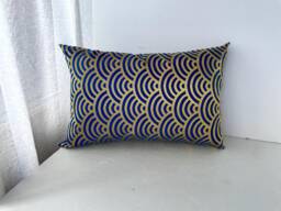Blue & Golden Japanese Waves Decor Pillow Cover, Brocade Case, Pattern Sofa Bedding Throw Case
