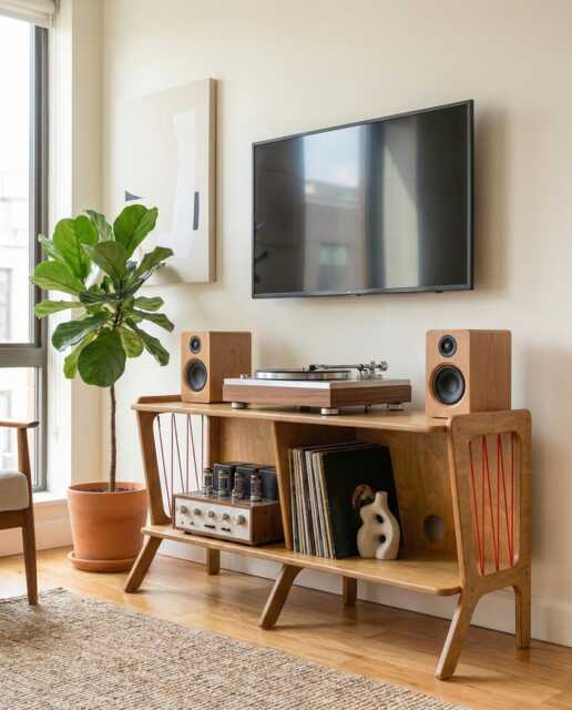 Mid Century Modern Tv Stand, Wooden Media Console, Record Player Unit With Vinyl Storage, Retro Sideboard - image 1