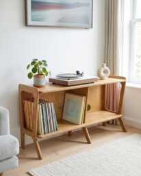 Mid Century Modern Tv Stand, Wooden Media Console, Record Player Unit With Vinyl Storage, Retro Sideboard - thumbnail 1
