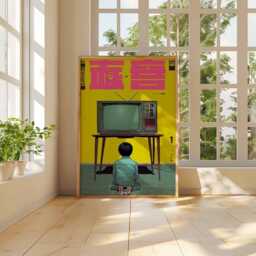 Retro Japanese Pop Art Poster - Child Watching Vintage Tv, Bold Yellow Wall Art, Modern Asian Graphic Print, Artwork - thumbnail 3