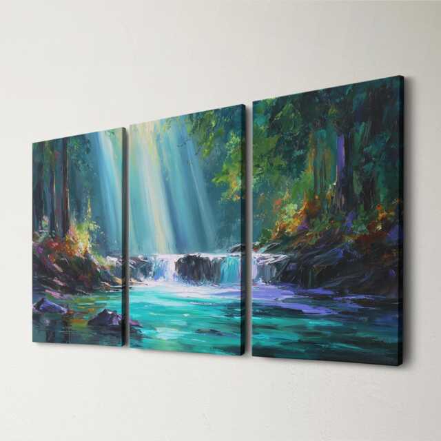 Vibrant Canvas Wall Art Nature Waterfall Painting Triptych Home Decor For Living Room, Bedroom Botanical & Garden Hanging - image 1