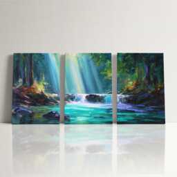 Vibrant Canvas Wall Art Nature Waterfall Painting Triptych Home Decor For Living Room, Bedroom Botanical & Garden Hanging - thumbnail 3