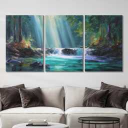Vibrant Canvas Wall Art Nature Waterfall Painting Triptych Home Decor For Living Room, Bedroom Botanical & Garden Hanging - thumbnail 2