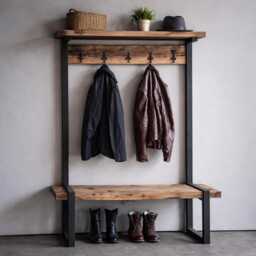 Industrial Hallway Bench Coat Rack Reclaimed Wood, Steel Frame, Entryway Storage - thumbnail 4