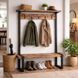 Industrial Hallway Bench Coat Rack Reclaimed Wood, Steel Frame, Entryway Storage