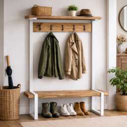 Industrial Hallway Bench Coat Rack Reclaimed Wood, Steel Frame, Entryway Storage - thumbnail 2